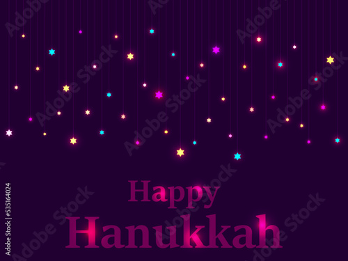 Happy Hanukkah. Hanging twinkling star of David with bright lights for the Jewish holiday. Design for greeting card, banner and poster. Vector illustration