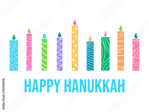 Happy Hanukkah. Nine Hanukkah candles are the symbol of the Jewish holiday. Multi-colored candles with a pattern on a white background. Design for greeting card, banner and poster. Vector illustration