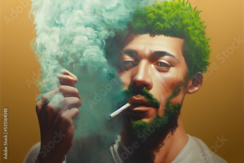A man smokes marijuana. A young drug addict in smoke. photo