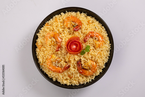 Kachchi Biriyani, chicken biriyani, prawn biriyani, Dhaka style biriyani, plain polau cooked by aromatic rice or chinigura rice isolated on white background. photo