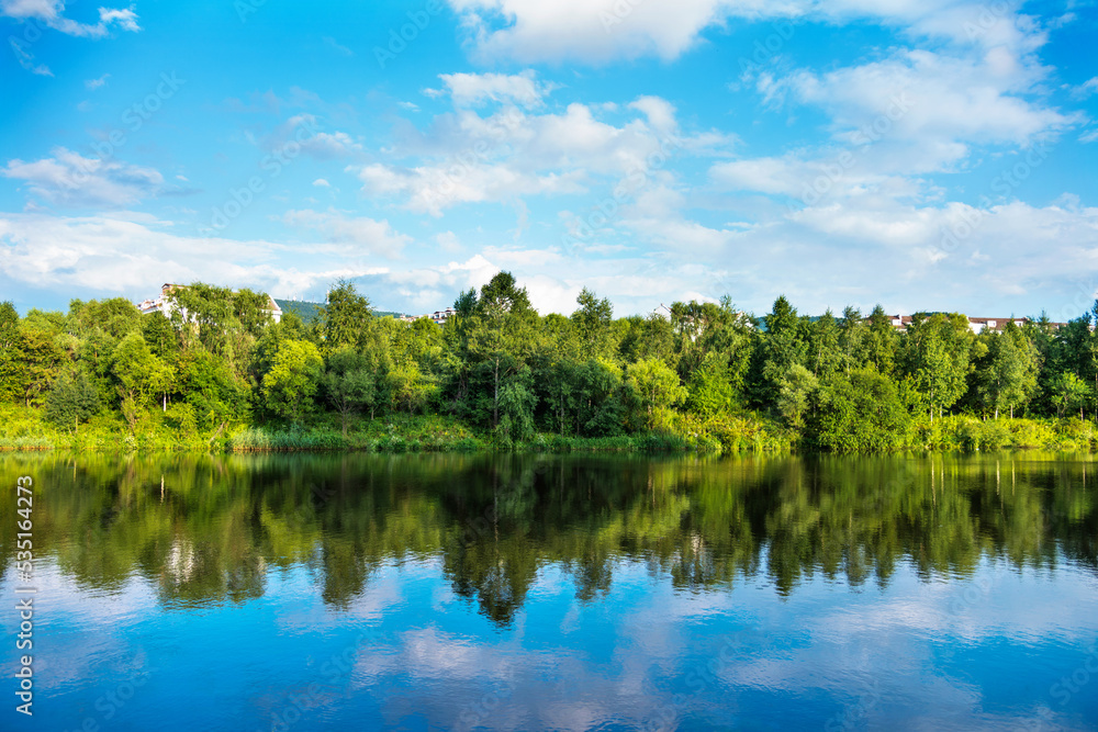 Green forest reflecting in the water