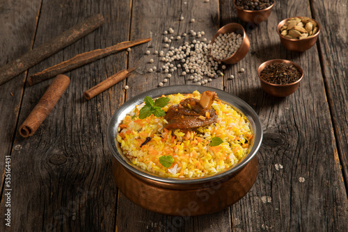 Kachchi Biriyani, chicken biriyani, prawn biriyani, Dhaka style biriyani, plain polau cooked by aromatic rice or chinigura rice isolated on white background.