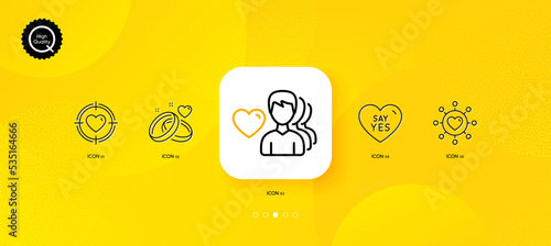 Valentine target, Marriage rings and Say yes minimal line icons. Yellow abstract background. Man love, Dating network icons. For web, application, printing. Heart in aim, Engagement, Wedding. Vector
