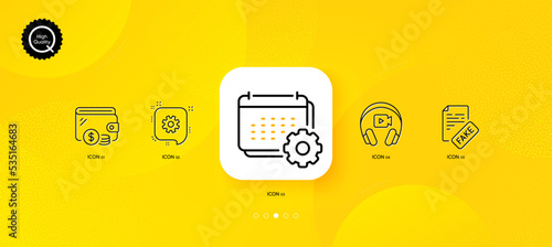 Headphones, Wallet and Cogwheel minimal line icons. Yellow abstract background. Fake news, Calendar icons. For web, application, printing. Video camera, Cash money, Engineering. Wrong fact. Vector