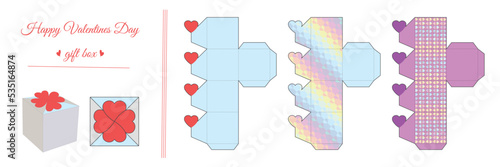 Scheme for assembling a simple gift box for Valentine's Day, birthday. Do it yourself. Pattern, Three layout vector template, box packaging design for gluing, die cutting.