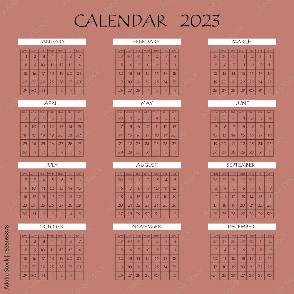 2023 Calendar Planner Corporate Week Template Layout 12 Months
