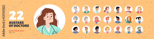 Avatars of doctors, nurses, healthcare staff. Diverse people hospital medical workers, professional medic characters portraits in circle frame, vector flat illustration
