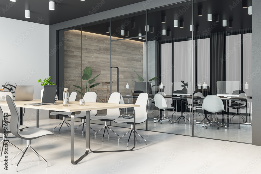 Perspective view on stylish wooden conference table surrounded by white chairs in spacious office with glass partitions, white wall and light glossy floor. 3D rendering Perspective view on stylish wooden conference table surrounded by white chairs in spacious office with glass partitions, white wall and light glossy floor. 3D rendering