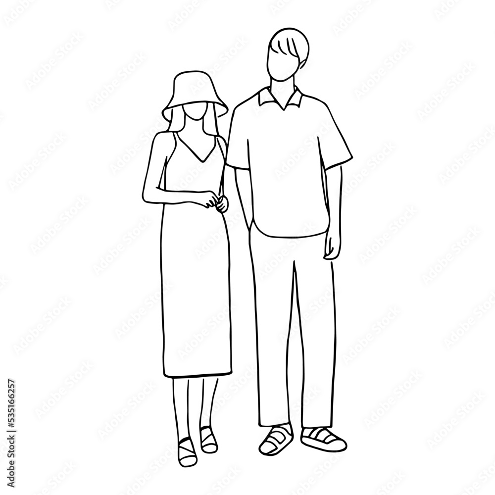 Line art minimal of lifestyle couple people in hand drawn concept for decoration, doodle style