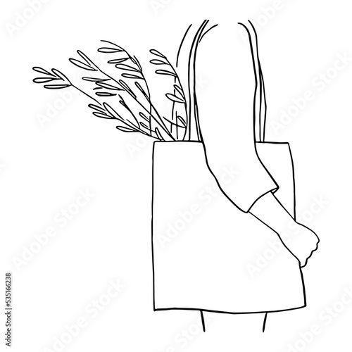 Line art minimal of people with organic flower bag in hand drawn concept for decoration, doodle style