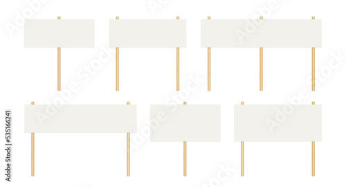 Picket banner frame. Blank demonstration banner mock up. Empty protest placard with wooden poles. Realistic politic strike board mockup. Vector illustration isolated on white background.