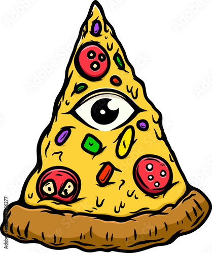 Illustration of pizza slice with eye. Design element for poster, card, banner, emblem, sign. Vector illustration