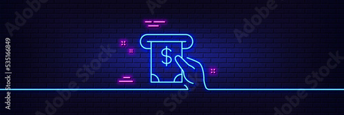 Neon light glow effect. Cash money line icon. Banking currency sign. Dollar or USD symbol. ATM service. 3d line neon glow icon. Brick wall banner. ATM service outline. Vector