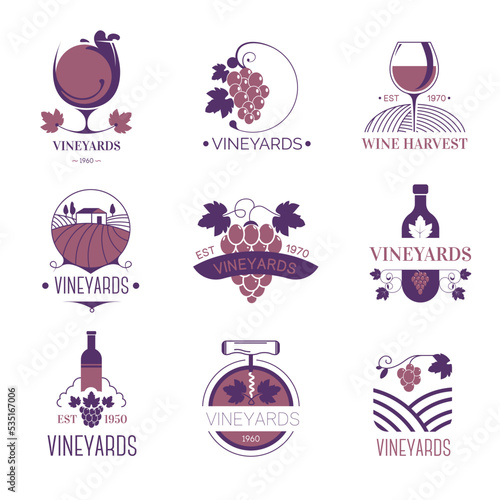 Wine making and vineyard, viticulture logotypes