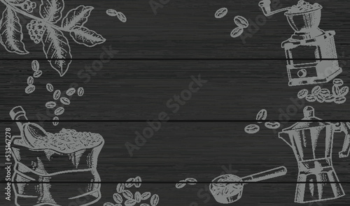 black wooden table texture vector background and sketch coffee traditional.
