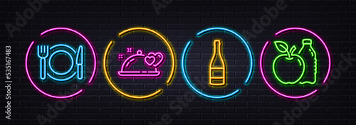 Champagne bottle, Romantic dinner and Restaurant food minimal line icons. Neon laser 3d lights. Apple icons. For web, application, printing. Anniversary alcohol, Restaurant food, Cutlery. Vector