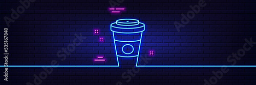 Neon light glow effect. Takeaway Coffee or Tea line icon. Hot drink sign. Beverage symbol. 3d line neon glow icon. Brick wall banner. Takeaway Coffee outline. Vector