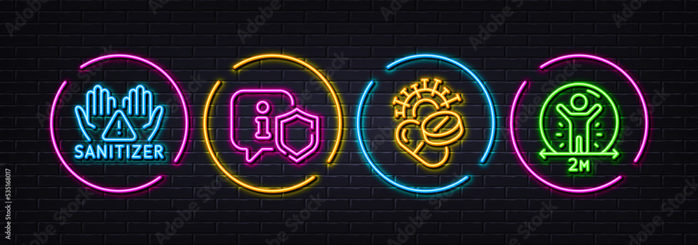 Coronavirus pills, Clean hands and Shield minimal line icons. Neon laser 3d lights. Social distance icons. For web, application, printing. Vaccine, Hygiene care, Safe secure. People protection. Vector