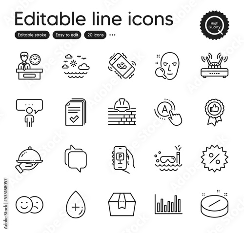 Set of Business outline icons. Contains icons as Messenger, Consulting business and Positive feedback elements. Travel sea, Wifi, Bar diagram web signs. Presentation time, Handout. Vector