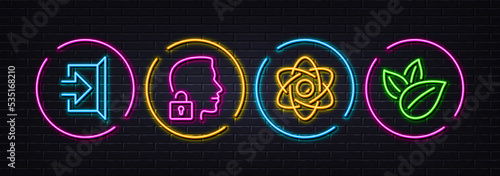 Atom core, Unlock system and Exit minimal line icons. Neon laser 3d lights. Organic product icons. For web, application, printing. Nuclear power, Access granted, Escape. Leaves. Vector