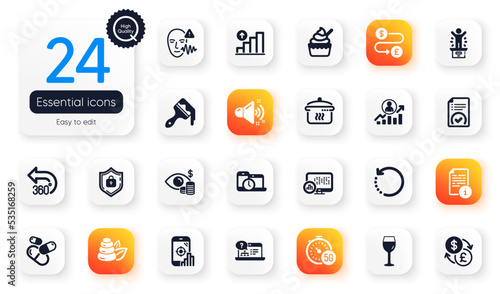 Set of Business flat icons. Manual, Brush and Seo phone elements for web application. Ice cream, Capsule pill, Wine glass icons. Shield, Report statistics, Business vision elements. Vector