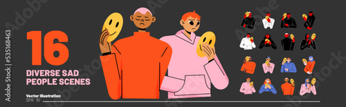 Set of diverse sad people cover faces with smiling masks expressing positive and happy emotions. Characters hiding individuality, psychological problem, hypocrisy, Line art flat vector illustration