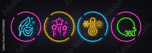 Hypoallergenic tested, Stars and Thermometer minimal line icons. Neon laser 3d lights. 360 degrees icons. For web, application, printing. Feather, Firework stars, Thermostat. Full rotation. Vector