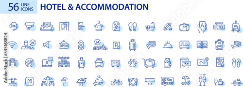 56 hotel and accommodation line icons. Travel lodgings. Pixel perfect, editable stroke