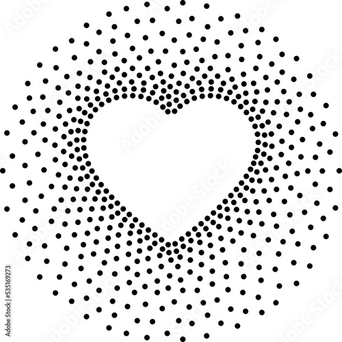 Vector halftone round frame, heart figure, blank space for text, decorative design elements, random dots. Texture, effect, icon, advertising template, love. Circles, print, valentine, romance, trendy.
