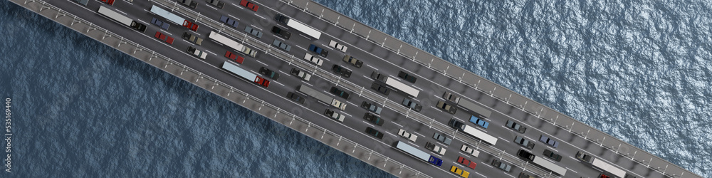 Cars on a highway, view from above - 3D illustration Cars on a highway, view from above - 3D illustration
