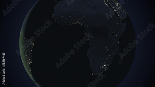 Seamless looping animation of the earth at night zooming in to the 3d map of Angola with the capital and the biggest cites in 4K resolution photo