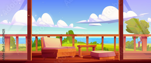 Wooden house terrace on sea shore with green grass and trees. Summer landscape with lake coast and cottage veranda with balustrade, couch and table, vector cartoon illustration