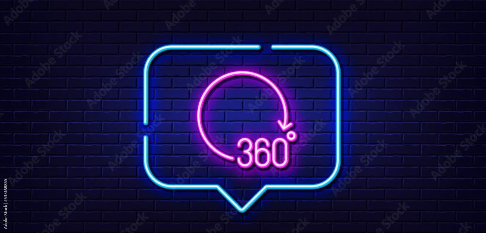 Neon light speech bubble. 360 degrees line icon. VR simulation sign. Panoramic view symbol. Neon light background. 360 degrees glow line. Brick wall banner. Vector Neon light speech bubble. 360 degrees line icon. VR simulation sign. Panoramic view symbol. Neon light background. 360 degrees glow line. Brick wall banner. Vector