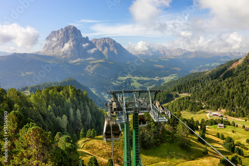 Cable car in Val Gardena with the Sassolungo massif in the background
