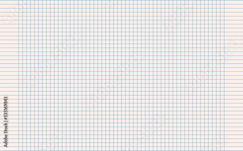 Graph paper. Printable squared grid paper with color horizontal lines. Geometric background for school, textures, notebook, diary. Realistic lined paper blank size reversal A5