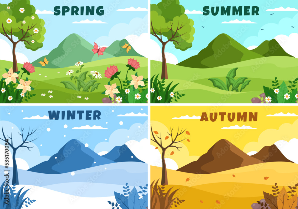 Scenery of the Four Seasons of Nature with Landscape Spring, Summer