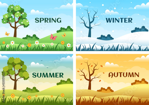 Scenery of the Four Seasons of Nature with Landscape Spring, Summer, Autumn and Winter in Template Hand Drawn Cartoon Flat Style Illustration