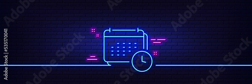 Neon light glow effect. Calendar time line icon. Annual planner sign. Event schedule symbol. 3d line neon glow icon. Brick wall banner. Calendar outline. Vector