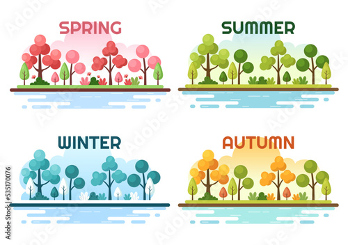 Scenery of the Four Seasons of Nature with Landscape Spring, Summer, Autumn and Winter in Template Hand Drawn Cartoon Flat Style Illustration