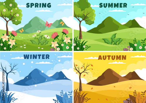 Scenery of the Four Seasons of Nature with Landscape Spring, Summer, Autumn and Winter in Template Hand Drawn Cartoon Flat Style Illustration