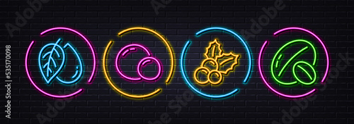 Peas, Mineral oil and Christmas holly minimal line icons. Neon laser 3d lights. Soy nut icons. For web, application, printing. Vegetarian seed, Organic tested, Ilex aquifolium. Vegetarian food. Vector