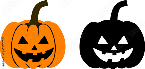 Halloween pumpkin face. Orange Jack o lantern pumpkin sticker icon with happy scary smile. Symbol of Halloween holiday black silhouette isolated on white background