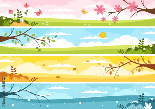 Scenery of the Four Seasons of Nature with Landscape Spring, Summer, Autumn and Winter in Template Hand Drawn Cartoon Flat Style Illustration