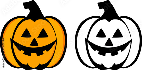 Halloween pumpkin face. Orange Jack o lantern pumpkin sticker icon with happy scary smile. Symbol of Halloween holiday black silhouette isolated on white background