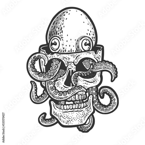 Octopus in human skull sketch engraving raster illustration. Scratch board imitation. Black and white hand drawn image.