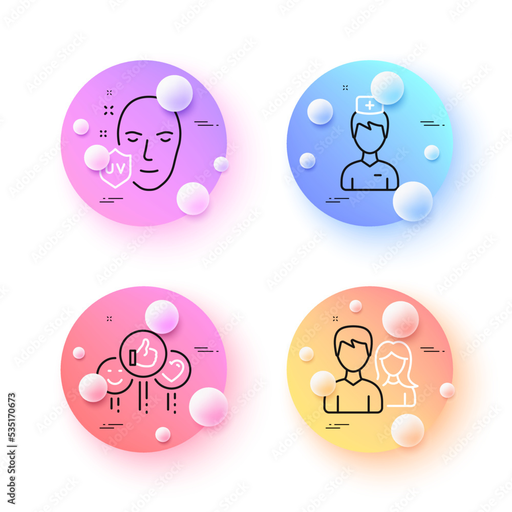 Like, Couple and Uv protection minimal line icons. 3d spheres or balls buttons. Doctor icons. For web, application, printing. Social media likes, Male and female, Ultraviolet. Medicine person. Vector Like, Couple and Uv protection minimal line icons. 3d spheres or balls buttons. Doctor icons. For web, application, printing. Social media likes, Male and female, Ultraviolet. Medicine person. Vector