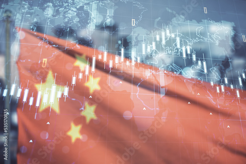 Photography Abstract creative financial graph interface and world map on flag of China and blurry cityscape background, forex and investment concept