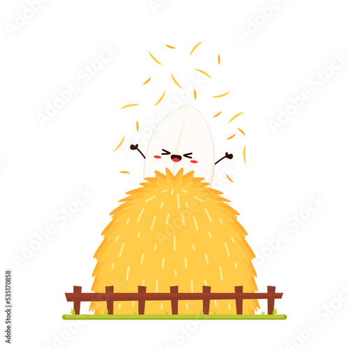 Haystack. Large sheaf of dry wheat and straw. Rustic wooden fence. Element village. Rural harvest. Cartoon flat illustration. Green grass. Rice seed cartoon.