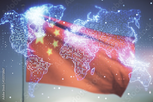 Multi exposure of abstract graphic world map hologram on flag of China and blue sky background, connection and communication concept