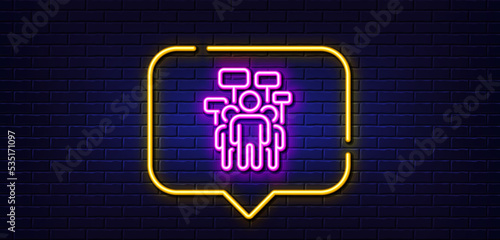 Neon light speech bubble. Voting campaign line icon. People rally with signs. Public election symbol. Neon light background. Voting campaign glow line. Brick wall banner. Vector